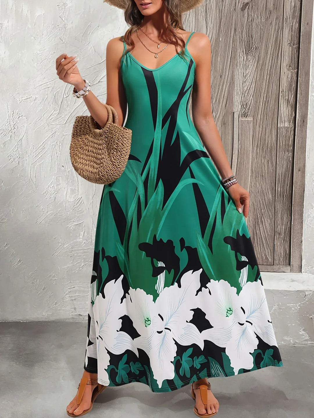 Heidi-Mode | Blumen Midi Kleid Ohne Träger Jersey V-Ausschnitt, Elegantes Sommerkleid aus Leichtem, Elastischem Material, Bequemes Strandkleid