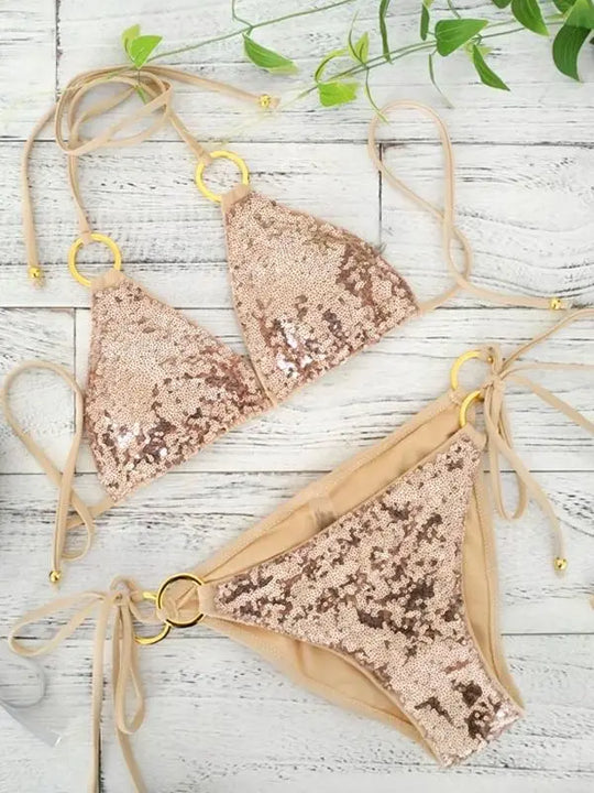 Heidi-Mode | Neu Sexy Bikinis Pailletten Goldfarbe Frauen Bandage Bikini Set Push-Up Vorgepolsterter Bh Badeanzug Set Bademode