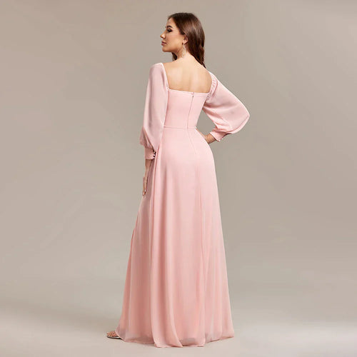 Heidi-Mode | Frauen Strapless Pink Lange Ärmel Brautjungfernkleider Chiffon Frei Benutzbar Rechteckiger Hals Party Kleid Elegant Festkleid für Hochzeit