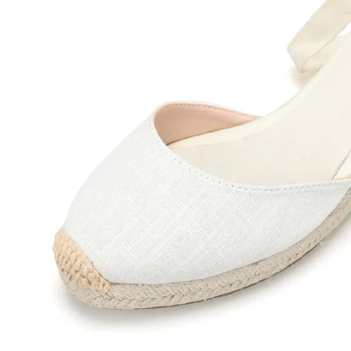 Heidi-Mode | Espadrilles mit Keilabsatz Weiß Bequeme Schnür Sandalen für Sommer