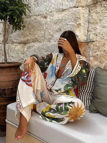 Heidi-Mode | Stilvolle Gedruckte Hosen 2 Teiliges Set Damen Lässige Kragen Einfaches Sakko Bluse Weite Beinhosen Set Damen Pomesia Ferien Set