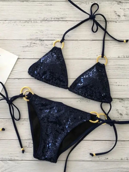 Heidi-Mode | Neu Sexy Bikinis Pailletten Goldfarbe Frauen Bandage Bikini Set Push-Up Vorgepolsterter Bh Badeanzug Set Bademode