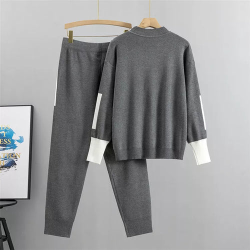 Heidi-Mode - Lässiges Herbst Strick Patchwork Oberteil und Hosen Set für Frauen