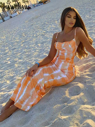 Oranje/ witte maxi jurk