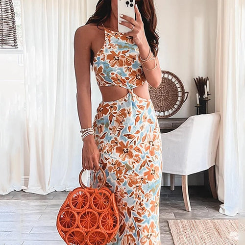 Heidi-Mode | Floral Print Halter Sleeveless Hollow Maxi Kleid