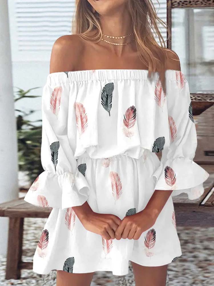 schulterfreies Kleid mit Federmuster - Sophie