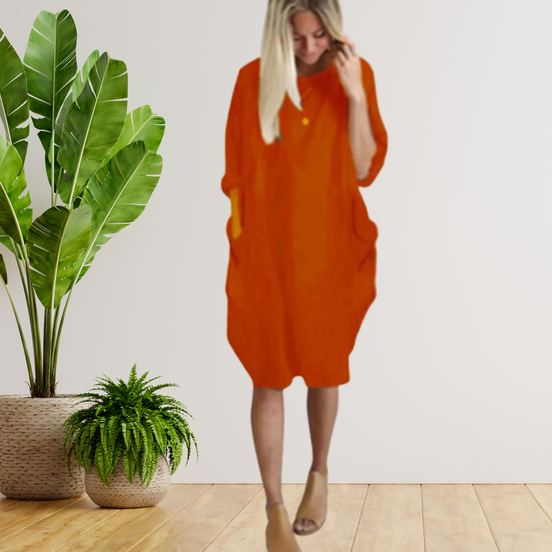 Langärmeliges lockeres Taschenkleid