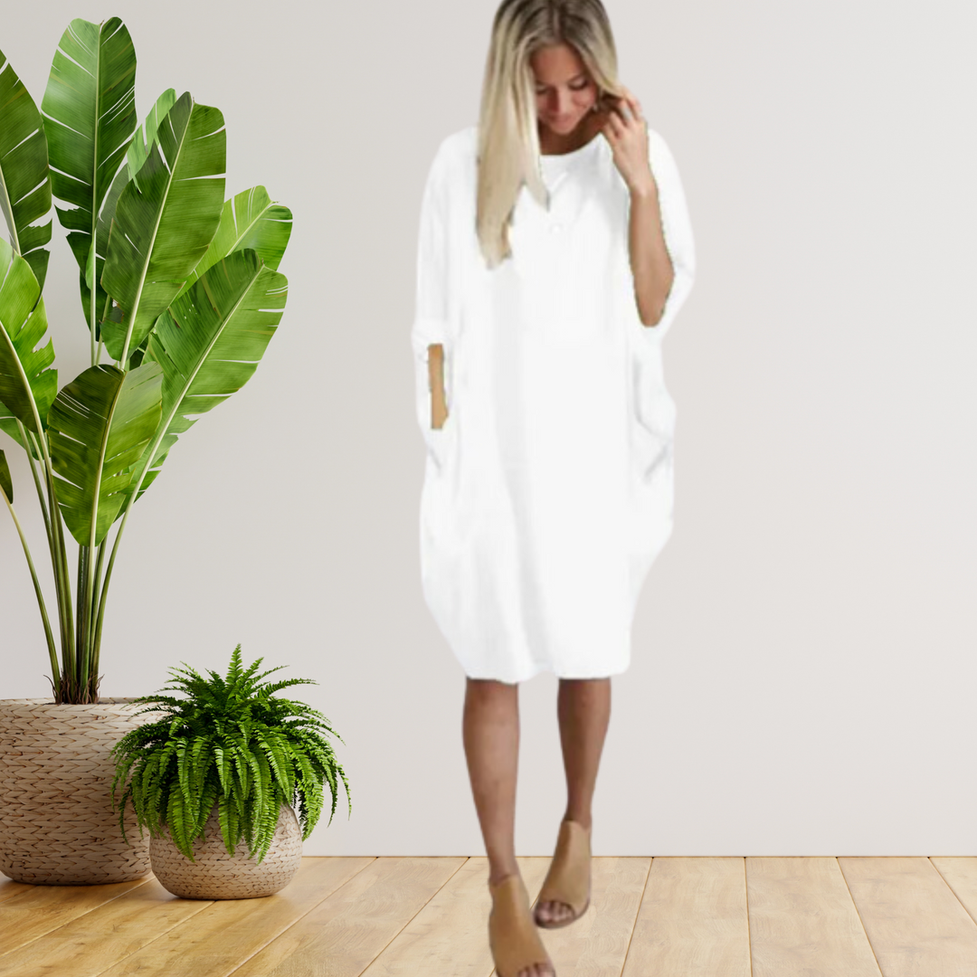 Langärmeliges lockeres Taschenkleid