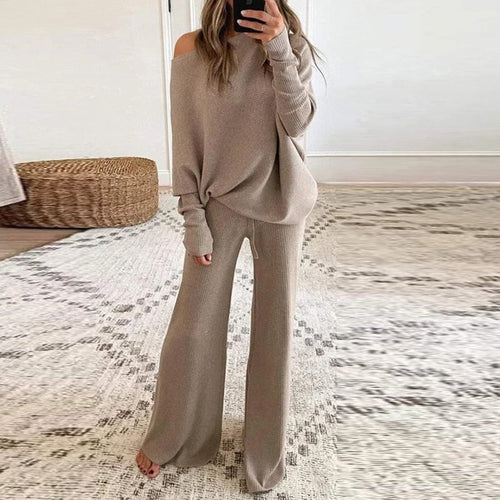 Heidi-Mode - Schicker Herbst Ein-Schulter-Pullover und Lockeres Hosen-Set für Frauen