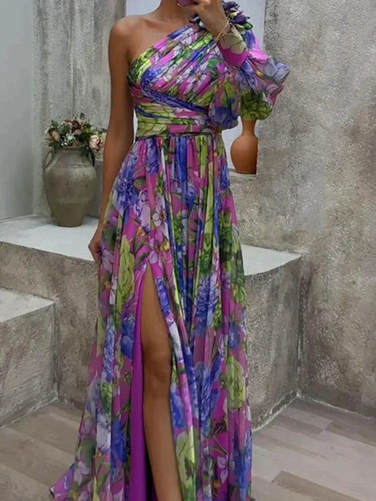 Heidi-Mode | Lila Druck Seite Schlitz Ein Ärmel Sexy Maxikleid