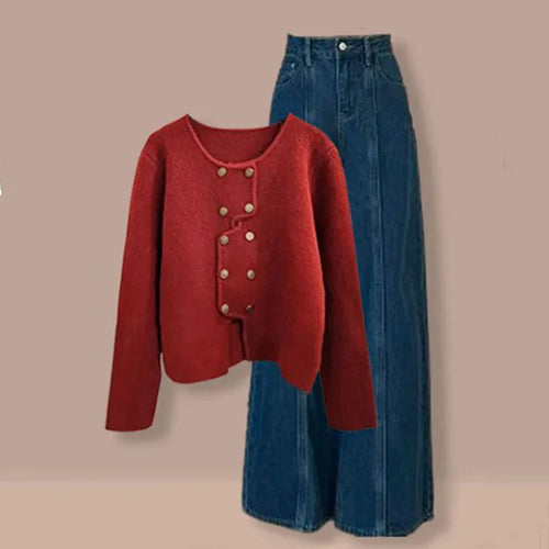Heidi-Mode | Modisches Damen Zweiteiliges Set mit Pullover und Denim Hose
