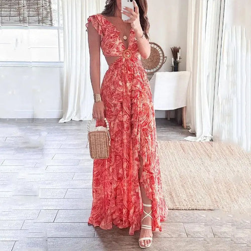 Bedruckte Kleider mit V-Ausschnitt und sexy Blumenkleider