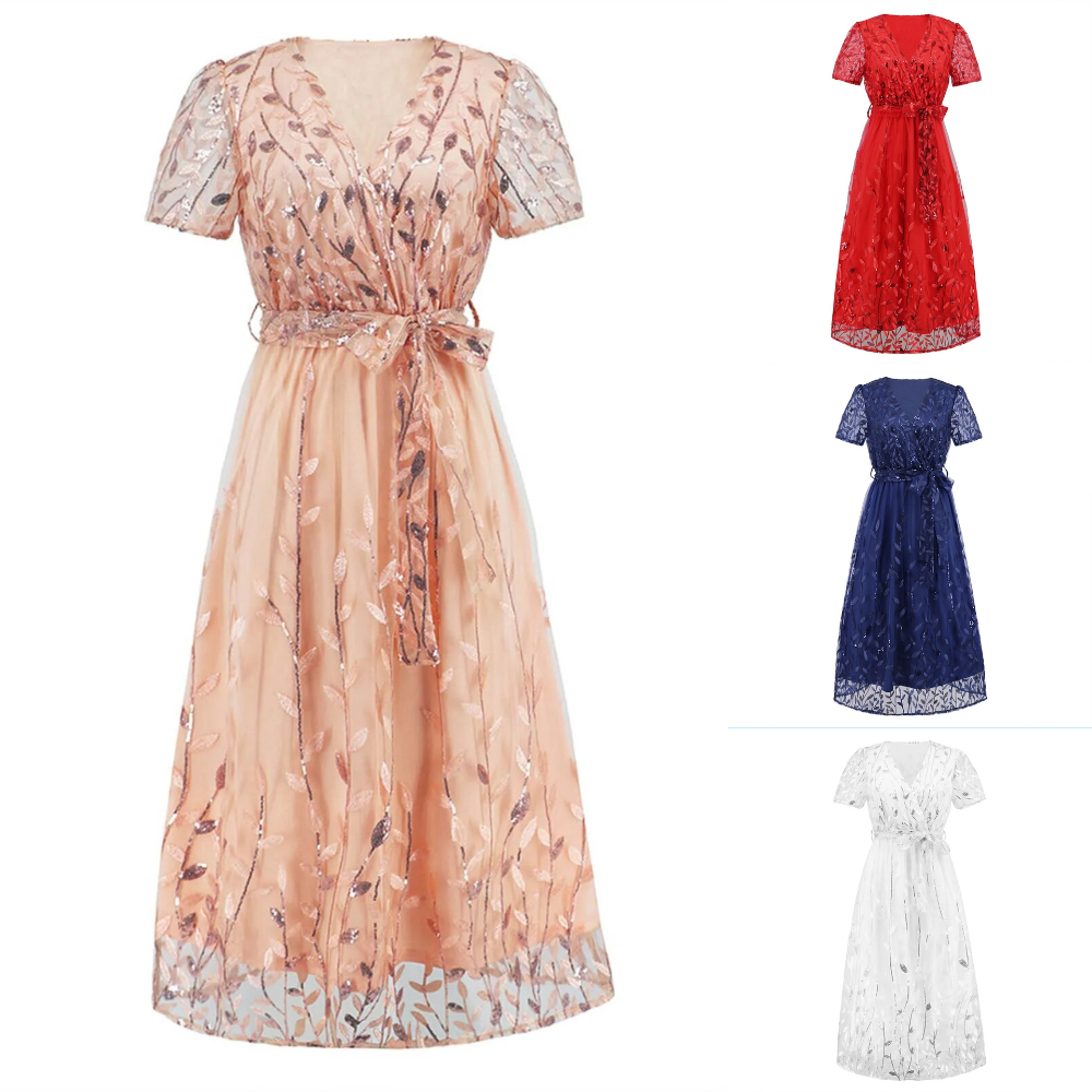 Kurzärmeliges Netzkleid mit Paillettenstickerei