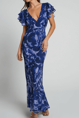 Heidi-Mode | Swirl V-Ausschnitt Rüschensleeve Maxikleid