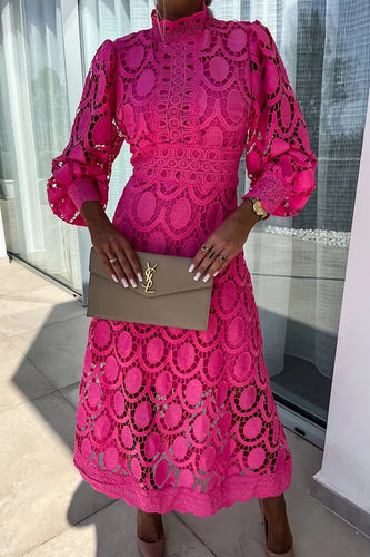 Heidi-Mode | Romantisch Sinnlich und Elegant Midi Kleid mit Puffärmeln aus Häkelspitze