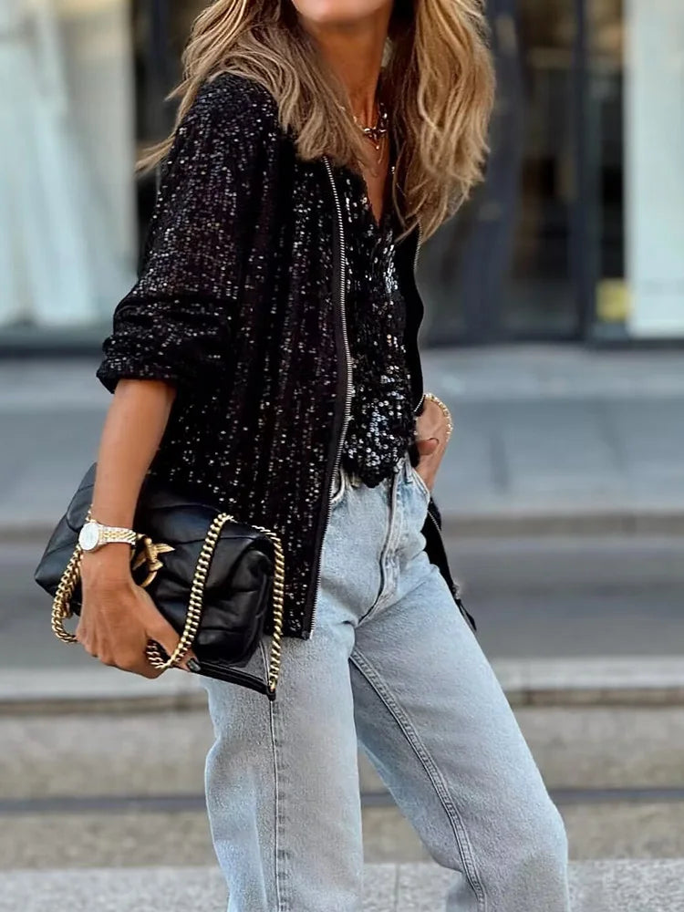 Loungewear Jacke mit O-Ausschnitt und Pailletten - Stilvolle Damenjacke