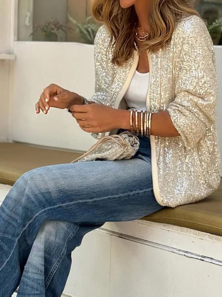 Loungewear Jacke mit O-Ausschnitt und Pailletten - Stilvolle Damenjacke