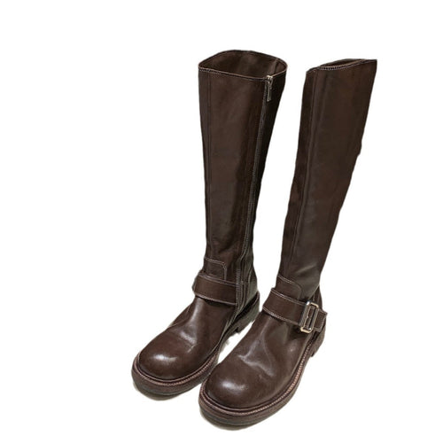 Heidi-Mode | Gewaschenes Leder Rund Bis Oben Chunky Heel Mittelhohe Stiefel Frauen