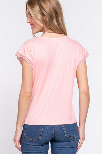 Heidi-Mode | Active Basic Spitzenbesatz V-Ausschnitt Kurzarm Ripp Top