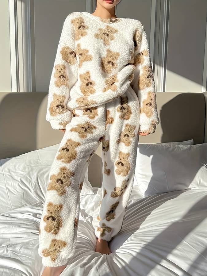 Heidi-Mode - Bequemes weißes Bärenmotiv Loungewear-Set für Damen
