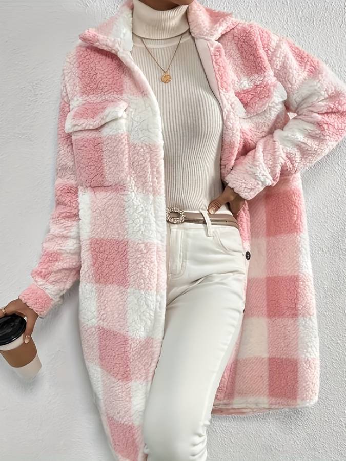 Heidi-Mode | Jacke Pink Karierter Fleece Teddy Mantel