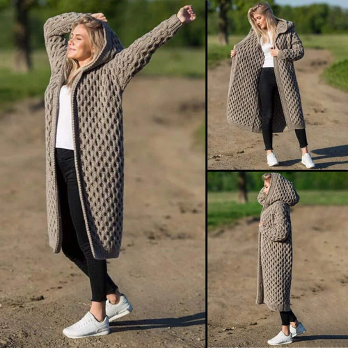 Heidi-Mode | Dicke warme Damen-Strickjacke mit Kapuze