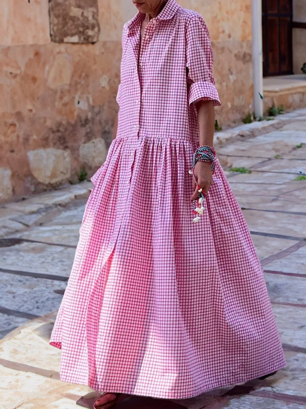 Lässiges langärmeliges Hemd aus Baumwolle, kariert, Swingkleid