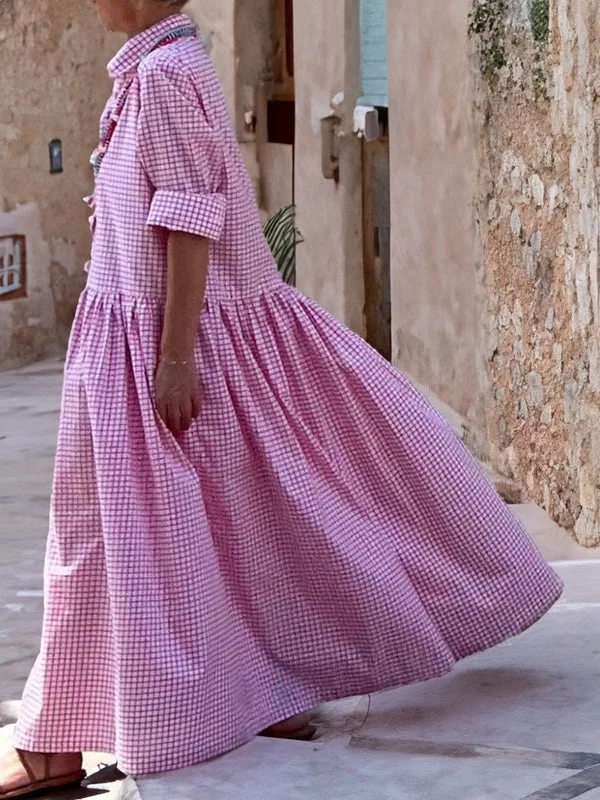 Lässiges langärmeliges Hemd aus Baumwolle, kariert, Swingkleid