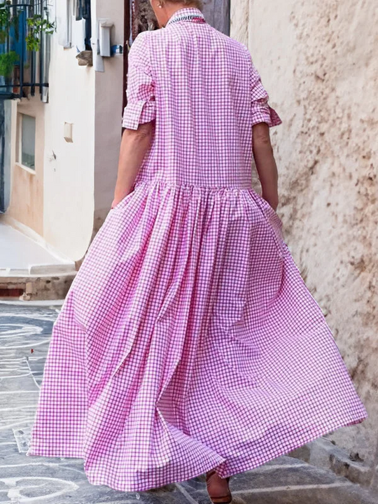Lässiges langärmeliges Hemd aus Baumwolle, kariert, Swingkleid