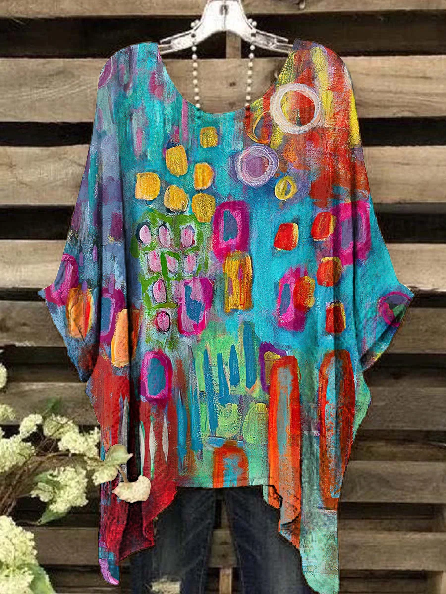 Heidi-Mode | Stylische Lose Bluse mit Farbigen Geometrischen Muster für Frauen