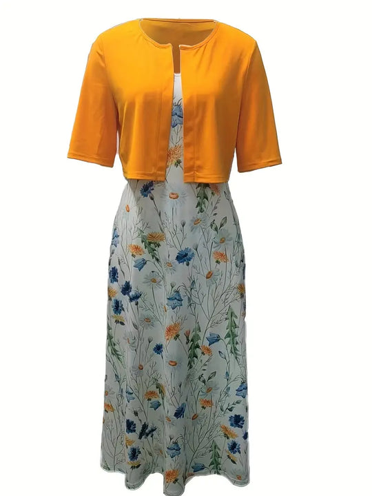 elegantes zweiteiliges Blumenkleid-Set mit einfarbigem Crop-Top und Kleid mit Rundhalsausschnitt