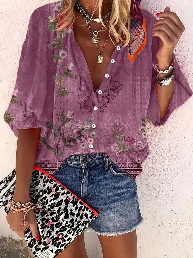 Heidi-Mode | Bluse mit Blumenmuster und Knopfleiste