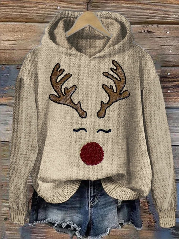 Heidi-Mode | Sweat À Capuche En Tricot Confortable Avec Broderie De Visage De Renne De Noël