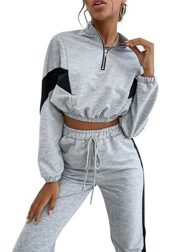 Heidi-Mode | Damen zwei Teile Farbblock Langarm Kurz Sweatshirt Anzug