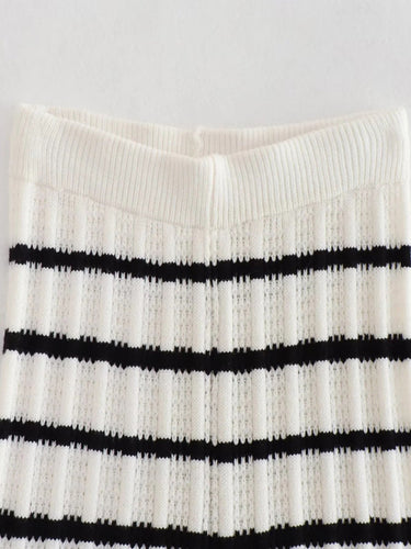 Heidi-Mode | Damen neue retro lässige V-Ausschnitt Trägerstreifen Oberteil + gestreifte Hose gestrickter Anzug