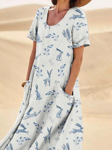 Heidi-Mode | Bunny In Spring Field Repeat Printed Damen Leinen Taschenkleid