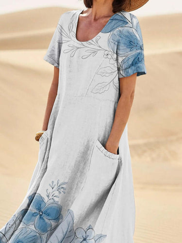 Heidi-Mode | And Sketch Florale Kunst Gedrucktes Damen Leinen Taschenkleid