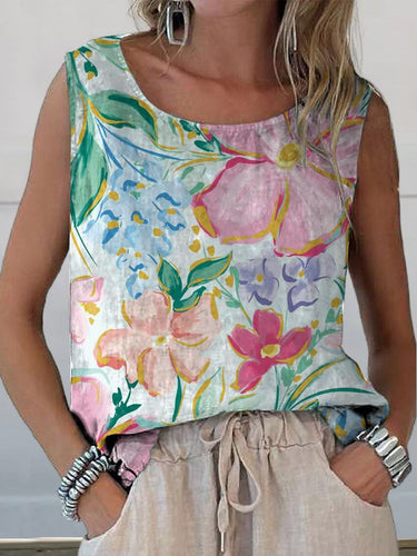 Heidi-Mode | Schöner Floral Art Print Baumwolle und Leinen Tanktop
