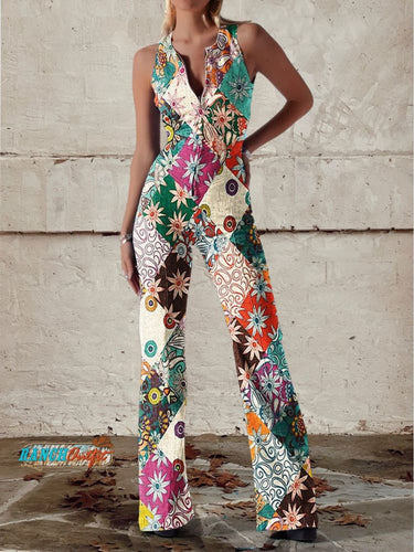 Heidi-Mode | Floral Gespalten Denim Jumpsuit