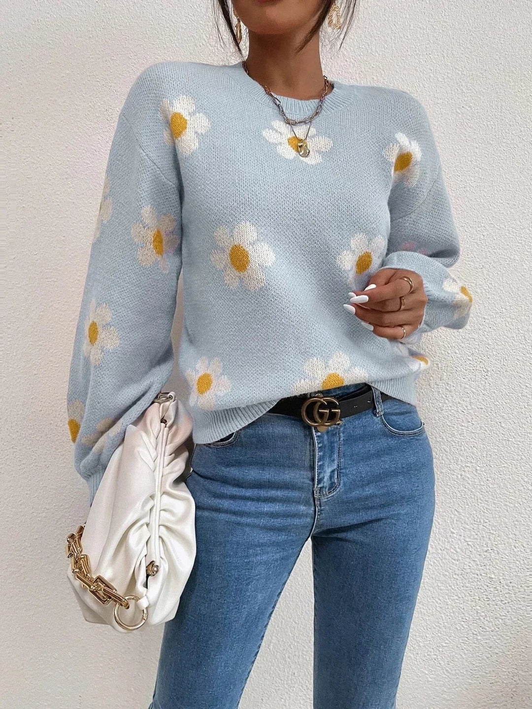 Heidi-Mode | Blumenbedruckter Pullover Frau Hellblau