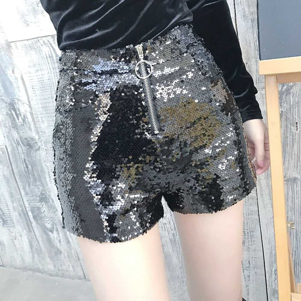 Heidi-Mode | Pailletten Shorts Hohe Taille Oring Reißverschluss Front Bodycon