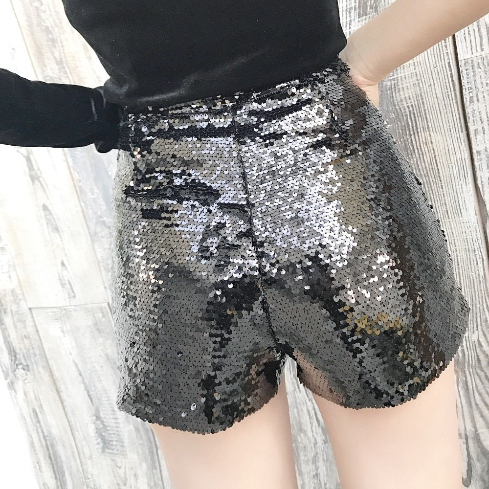 Heidi-Mode | Pailletten Shorts Hohe Taille Oring Reißverschluss Front Bodycon