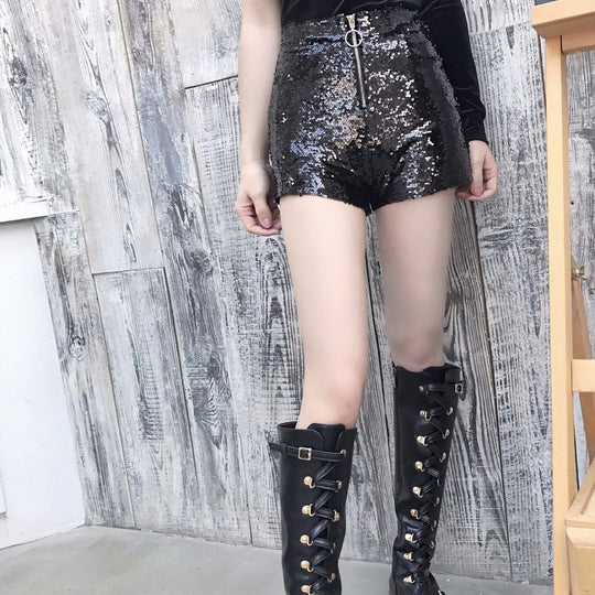 Heidi-Mode | Pailletten Shorts Hohe Taille Oring Reißverschluss Front Bodycon