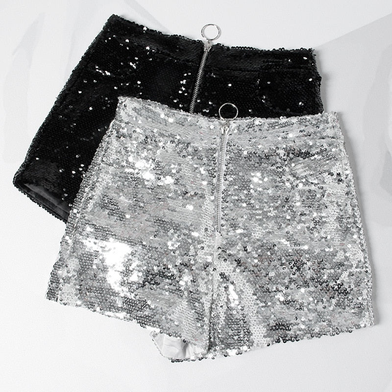 Heidi-Mode | Pailletten Shorts Hohe Taille Oring Reißverschluss Front Bodycon