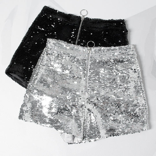 Heidi-Mode | Pailletten Shorts Hohe Taille Oring Reißverschluss Front Bodycon