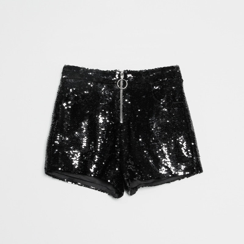 Heidi-Mode | Pailletten Shorts Hohe Taille Oring Reißverschluss Front Bodycon