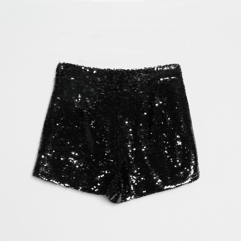 Heidi-Mode | Pailletten Shorts Hohe Taille Oring Reißverschluss Front Bodycon