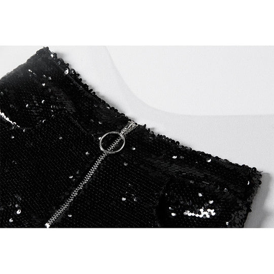 Heidi-Mode | Pailletten Shorts Hohe Taille Oring Reißverschluss Front Bodycon
