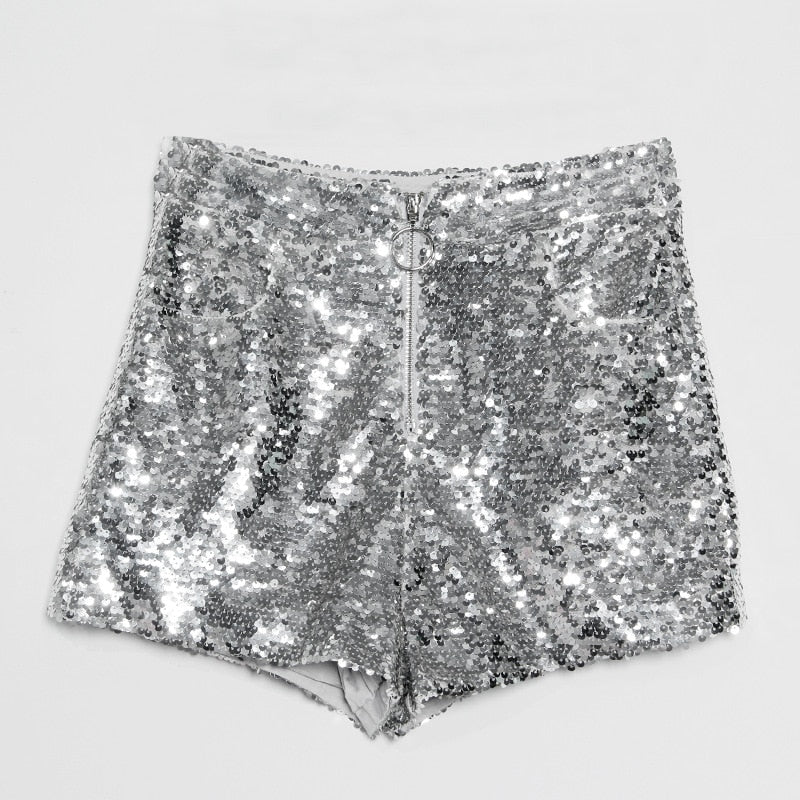 Heidi-Mode | Pailletten Shorts Hohe Taille Oring Reißverschluss Front Bodycon
