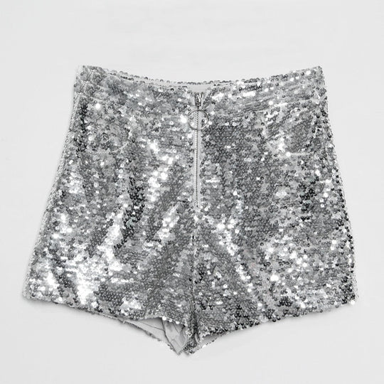 Heidi-Mode | Pailletten Shorts Hohe Taille Oring Reißverschluss Front Bodycon